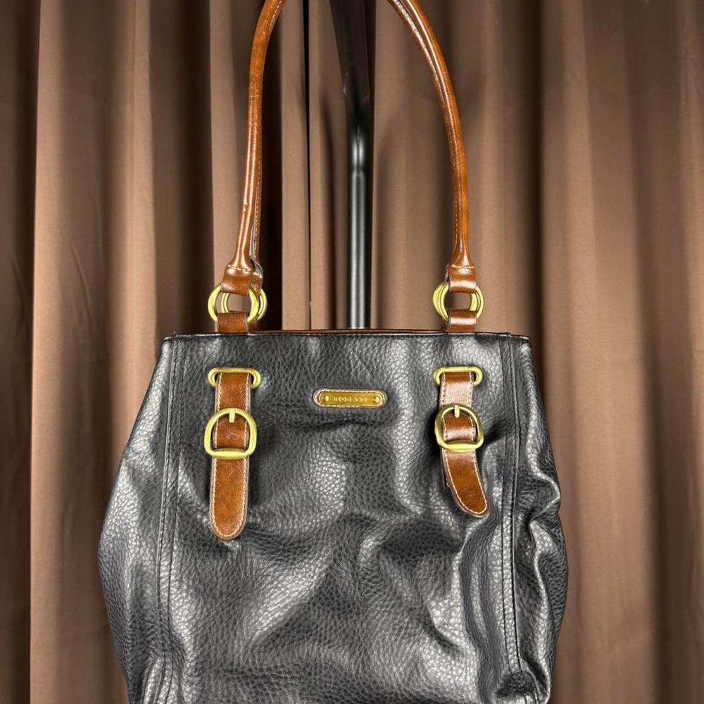 Rosetti Black Faux Leather Shoulder Bag Brown Trim Gold Hardware Tote